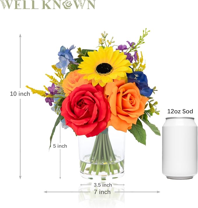 WELL KNOWN Artificial Flowers in Vase with Fake Water, Colorful Spring Flowers Fake Sunflowers Rose Peonies Bouquet for Home Wedding Party Dining Table Baby Shower Decor & Birthday Gift (Rainbow)