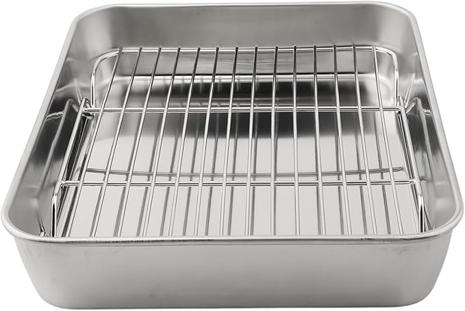 Stainless Steel Baking Pan Tray Set with Cooling Rack for Baking Roasting BBQ Cookies Vegetables Cakes Dishwasher Safe Oven Safe Rust-Resistant Mirror Finish Suitable Size for Kitchen Use(26x20x5cm)