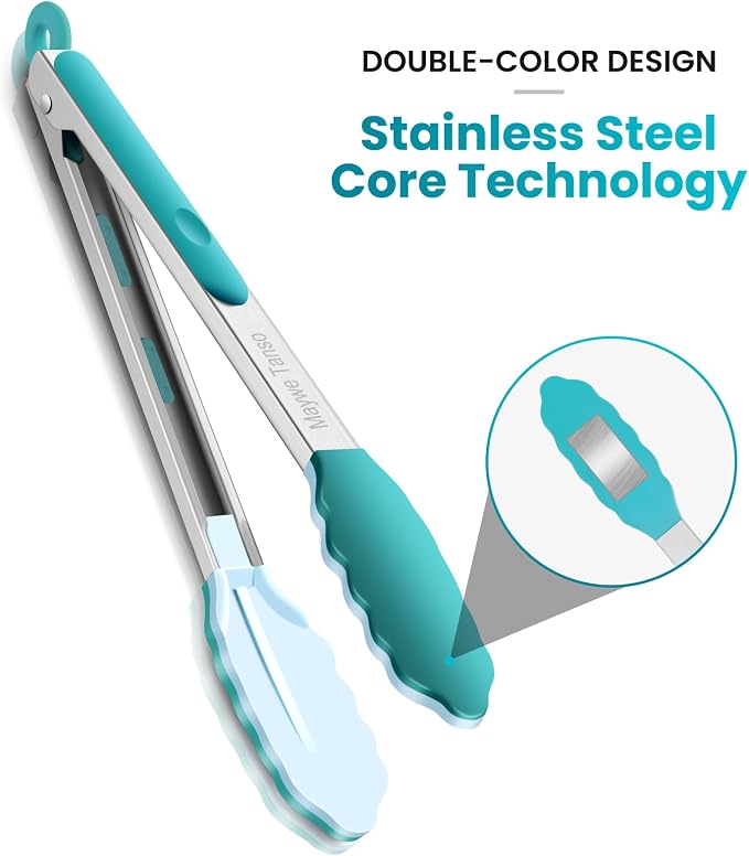 600℉ Heat Resistant Kitchen Tongs for Cooking with Silicone Tips,12-Inch Stainless Steel Locking Cooking Tongs Food Tongs for BBQ,Cooking,Salad and Serving Food,Heavy Duty,Non-Stick (Turquoise)