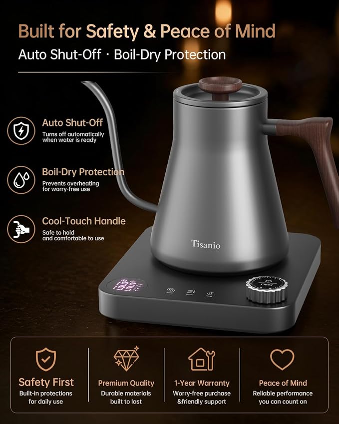 Gooseneck Electric Kettle for Pour Over Coffee, ±1°F Precision Control, Smart Two-Stage Heating, 2-Hour Keep Warm, 0.9L Stainless Steel, Gray Wood Handle