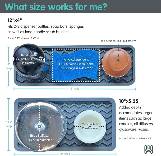 Silicone Sink Organizer Tray, Rectangular, Modern Style, Heat Safe, Dishwasher Safe, for Bathroom and Kitchen Organization (Light Grey, 12"x4", Chevron Pattern)