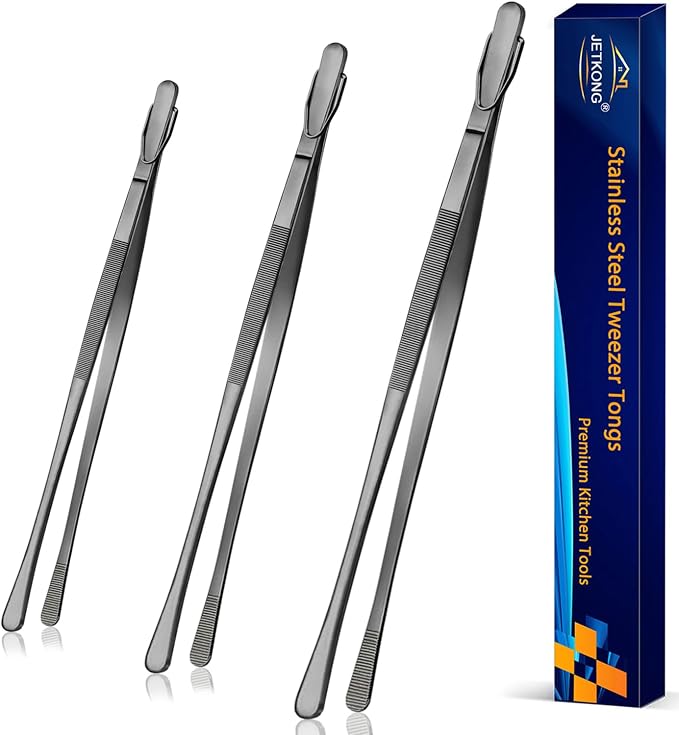 JETKONG 3 Pcs Extra Long Kitchen Tweezers 9 12 14 Inch Heavy Duty Stainless Steel Cooking Tweezers (Round Tips, Black)