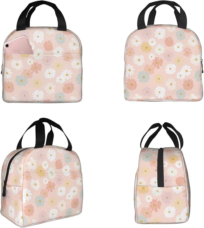 Insulated Lunch Bag Pastel Daisy Flower Pattern, Leakproof Lunch Tote for Work School, Reusable Lunch Box Cooler for Adults Students, Compact Lunch Bag for Office College Picnic
