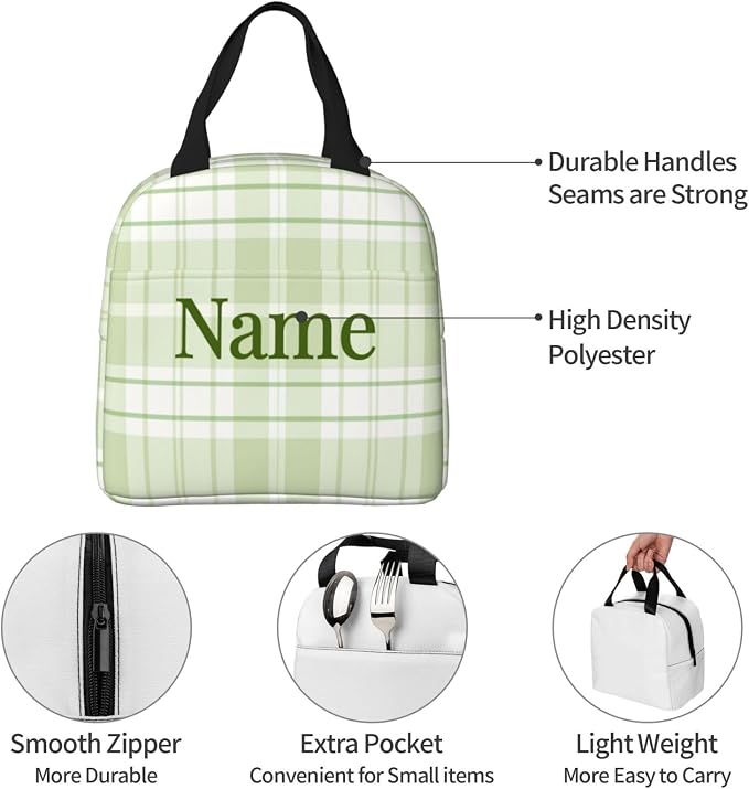 Custom Lunch Bag Pastel Green Buffalo Check Plaid Personalized Insulated Lunch Box with Name Reusable Cooler Tote for Adults Student Girl Boy Work Office School Picnic Over 3 Years Old