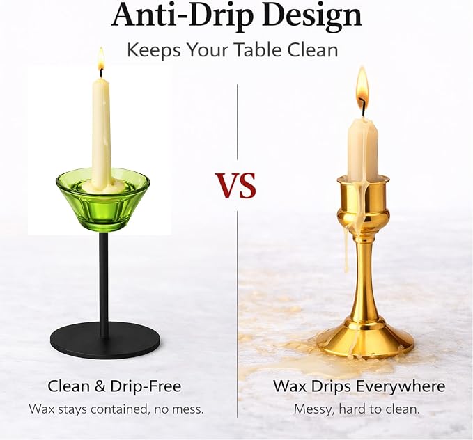 Smytle Emerald‑Green Glass Candlestick Holders, Green Tea Light Candle Holders with Weighted Matte‑Black Metal Base, Botanical Table Decor for Dining, Wedding & Holiday