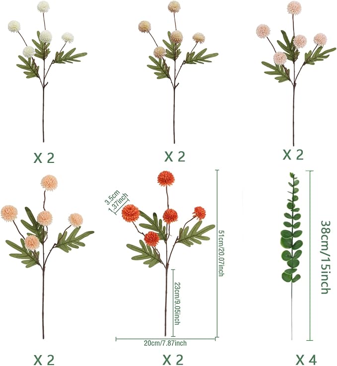 10pcs Faux Mixed Color Kiku Flowers, 5 Heads Each Stem & 4 Branches Eucalyptus Stems, Artificial Small Mini Chrysanthemum Flowers for Aesthetic Room Decor, Floral Arrangements Centerpiece