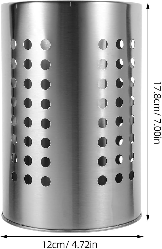 Unomor Stainless Steel Kitchen Utensil Holder with Drain Holes - 7.00 Inch Cutlery Organizer for Chopsticks Spoons & Forks - Countertop Storage for Kitchen Supplies