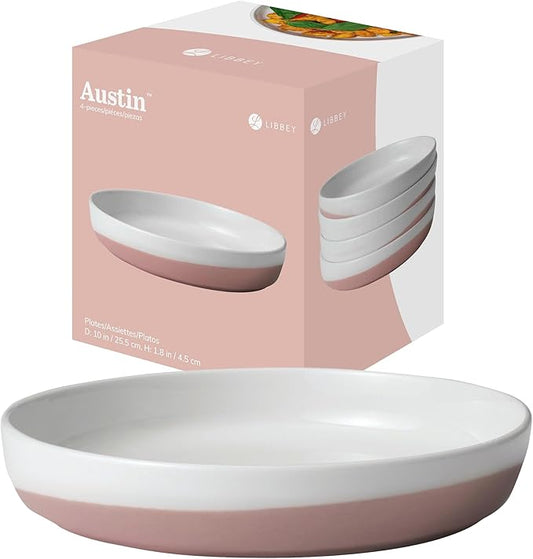 Libbey Austin Himalayan Pink Porcelain Dinner Plates, Coupe Style Pink Dinner Plates Set of 4, Stackable Ceramic Plates Set for Holidays, Daily Use