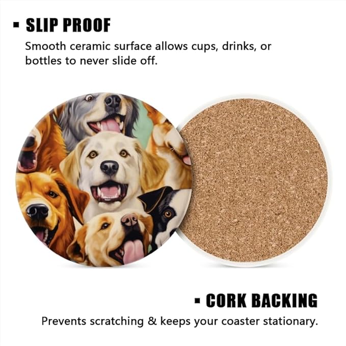 Ceramic Stone Coasters for Drinks Set of 1, Happy Dogs with Smiling Faces Round Absorbent Cup Coasters Protection for Coffee Table Kitchen Counter Decor (4 * 4 Inch)