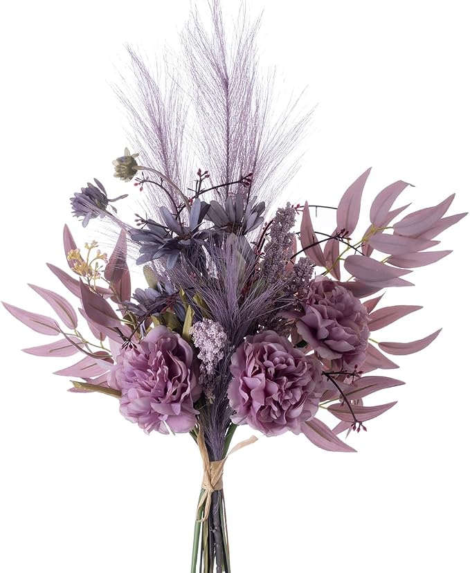 Artificial Fake Faux Flowers Silk Flower Arrangements Bouquets Consists of Peonies, Chrysanthemums, Pampas Grass (Purple)