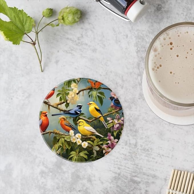 Ceramic Stone Cork Coasters for Drinks Tableware, Vibrant Birds Perched on Tree Branches Round Absorbent Durable Aesthetic Art Cup Mat Protects Tables and Surfaces Set of 1 (4 * 4 Inch)