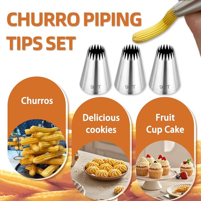 3Pcs Large Churro Piping Tips and Bags Set,9FT Pastry Tips with 30PACK 18Inch Large Piping Bags Disposable for churros maker,French Star Piping Tips for Eclairs,Butter Cookies,Cupcake Decorating tips