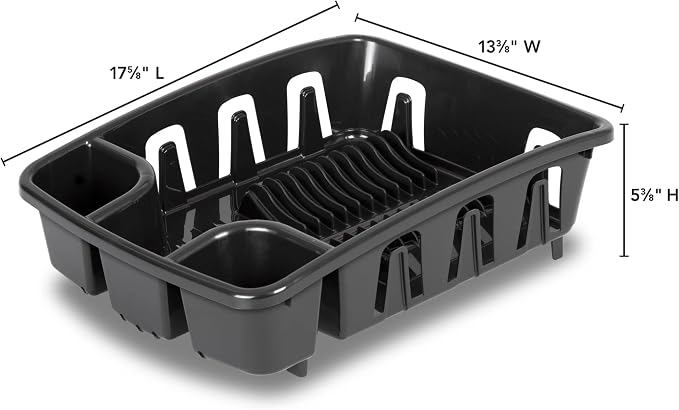 Dish Drying Rack with Drainboard Set, All-in-1 Kitchen Dishrack with Inclined Base for Quick Water Drainage, Black Plastic Dish Drainer