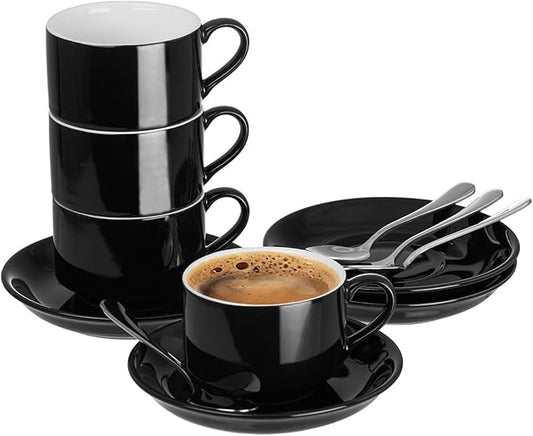 2.5oz Espresso Cups Set of 4, Demitasse Cups and Saucers with Spoons for 4, Expresso Shot Cups for Espresso Machine-Black