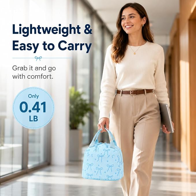 LEDAOU Lunch Box for Women Insulated Lunch Bag Corduroy Lunch Tote Bags Leakproof Cooler Lunch Case for Travel Work Picnic (Bow Tie Blue)