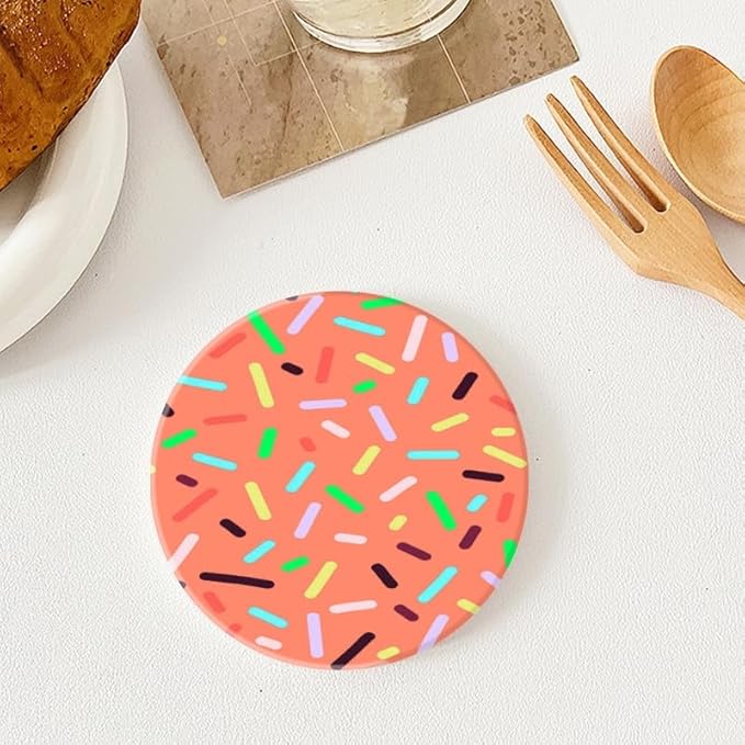 1 Pcs Coffee Cup Coasters for Drinks, Colorful Sprinkles on Pink Background Round Absorbent Non-Slip Ceramic Stone Cork Coasters for Kitchen Living Room Office Decoration Bar (4 * 4 Inch)