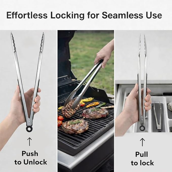 Kona Premium Stainless-Steel Locking Grill Tongs 17 inch, Sturdy, Heavy Duty Tongs - Great for Cooking, Grilling, and Barbecue (BBQ) [Set of 2]