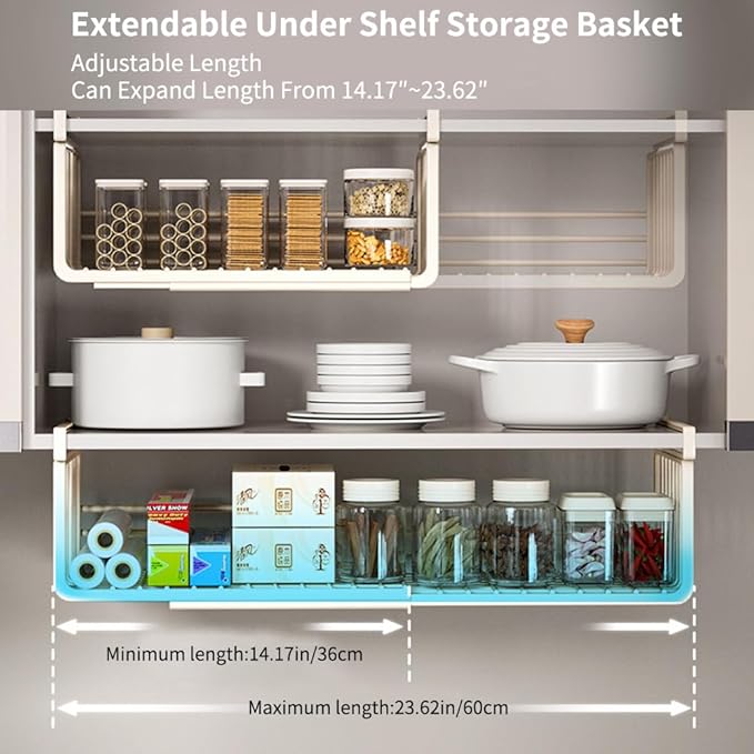Extendable Under Shelf Storage Basket, Hanging Baskets Under Cabinet Shelf Organizer, for Cabinet Pantry Kitchen Cupboard Desk Counter Bookshelf Space Saver Heavy Duty Slide-in (Black, 1 Pack)