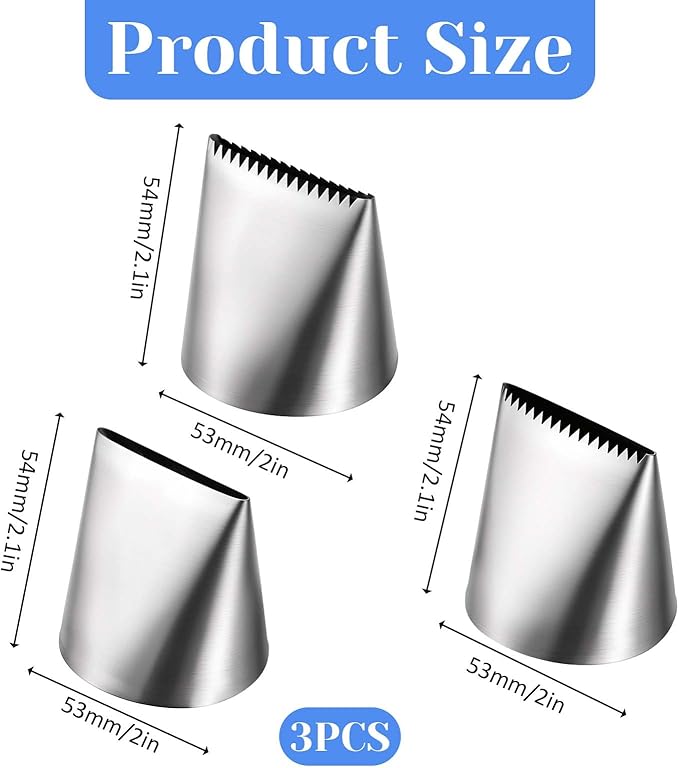 Ptwola 3 PCS Piping Tips Set Large Frosting Piping Kit Stainless Steel Cake Icing Nozzles Tips Decorating Tools Silver Pastry Bags Tips Accessories for Cookie Cupcake Baking Buttercream Supplies