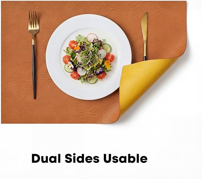 Artoid Mode Rust Faux Leather Placemats Set of 6, 12x18 Inch Waterproof Wipeable Heat Resistant Vinyl Place Mats, Reversible Table Mats for Fall Kitchen Dining Decor