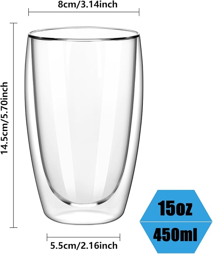 Set of 4 Double Wall Glass Coffee Mugs (15oz) - Insulated Clear Borosilicate Glass Cups for Latte, Cappuccino, Tea, and Espresso - Heat Resistant Glassware Gift for Christmas & Birthday