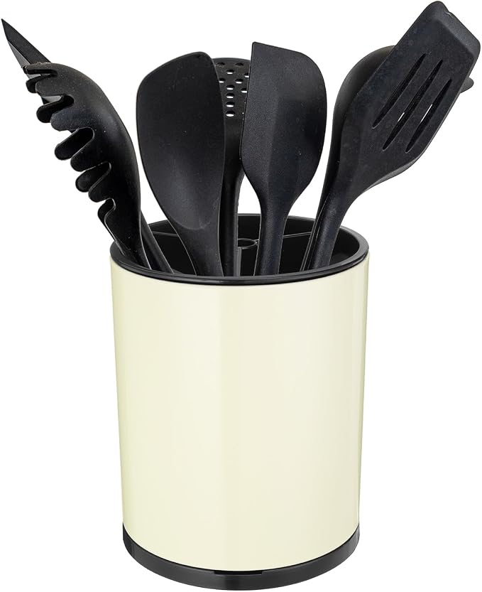 uxcell Kitchen Utensil Holder, Stainless Steel 360° Rotating Cylinder Partition Storage Cooking Utensil Holder 3 Compartment 6.3" Caddy Flatware Countertop Organizer, Beige