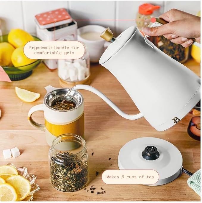 Beautiful Electric Gooseneck Kettle, 1 Liter, 1200W, Stainless Steel Interior, Fast Boil, Precision Pour Spout, Auto Shut-Off & Boil-Dry Protection (White)