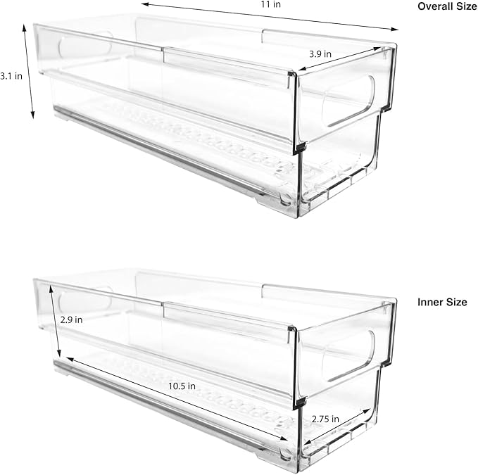 Isaac Jacobs 2-Pack Clear Expandable Storage Bins - Extra Small, 11"-19" L x 3.9" W x 3.1" H, Plastic Organizer with Cut-Out Handles, Adjustable Length from 11-19" for Home, Kitchen & Office