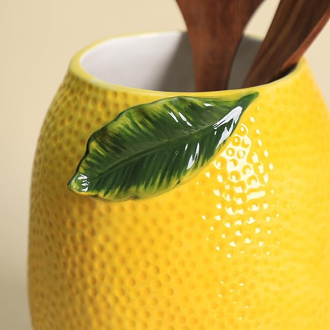 Lemon Shaped Ceramic Kitchen Utensil Holder, Large Cooking Utensil Crocks for Kitchen Countertop, Ceramic Utensil Organizer for Spatula-A