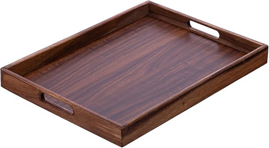 Wooden Serving Tray with Handles, Wood Decorative Trays for Coffee Table Tray, Rectangular Food Trays for Party Platters, Breakfast in Bed, Couch, Ottoman, Dinner, Appetizers, Decor(15.7x11.8x1.6)