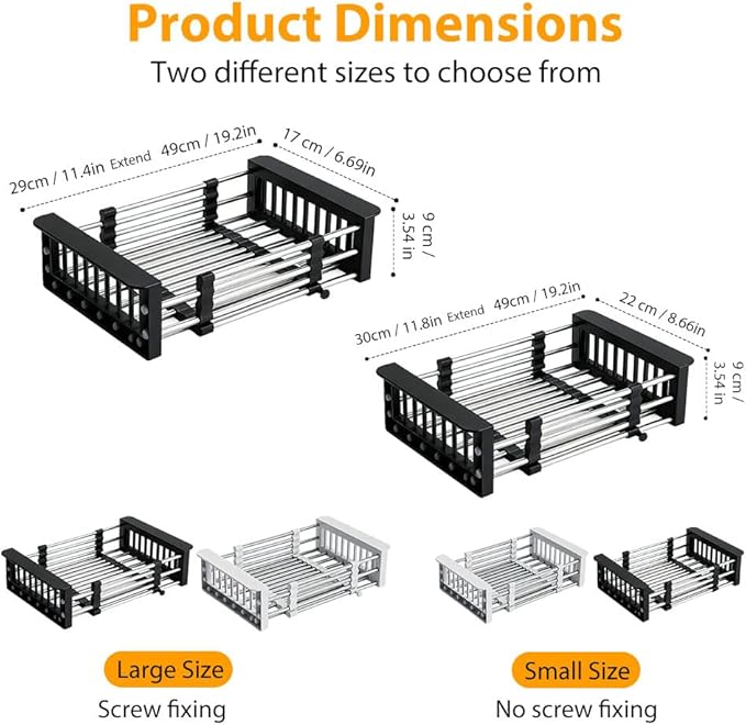 Extend Kitchen Sink Drain Basket, 2026 New Retractable Kitchen Sink, Adjustable Dish Drying Rack with Stainless Steel Drain Basket for Kitchen (White, Small)