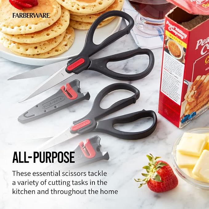 Farberware 2-Piece Kitchen Shears Set with Self-Sharpening Edgekeeper Sheaths, High Carbon Stainless Steel All-Purpose and Utility Scissors for Food, Poultry, Herbs, and More