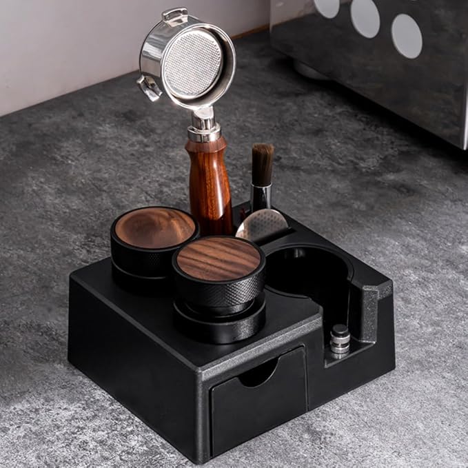 Espresso Tamping Station with Drawer, Coffee Tamper Holder Base for 51/54/58MM Espresso Tamper Portafilters with 6 Needles Espresso Coffee Stirrer and Brush (Black)