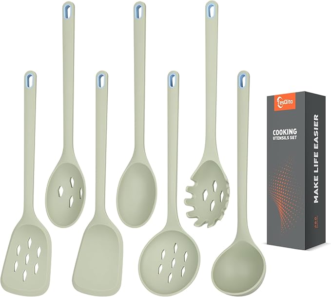 Large Silicone Utensils Set of 7 for Cooking,No Scratch for Nonstick Cookware,Pasta Server,Spaghetti Spoon,Slotted Spoon&Spatula,Solid Spoon&Spatula,Skimmer,Soup Ladle BPA Free Heat Resistant (Green)