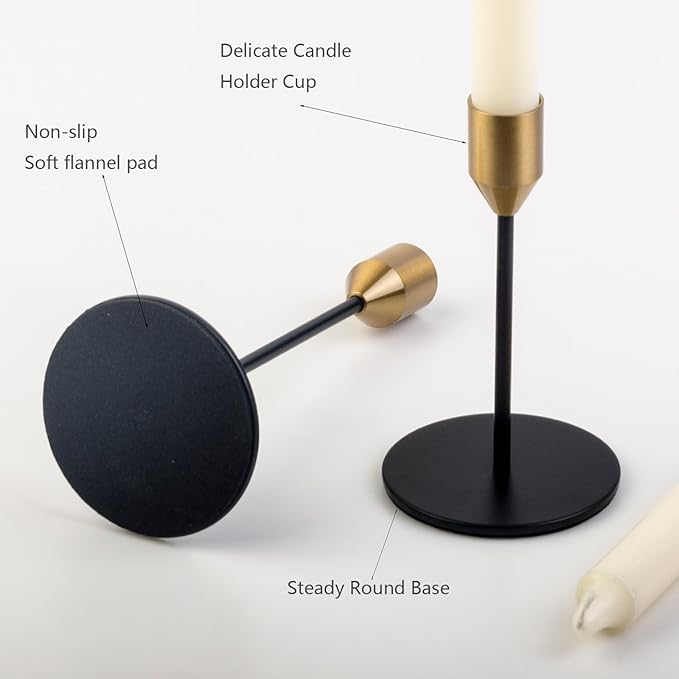 Set of 5 Black Taper Candlestick Holders with Brass Top, Metal Candle Stick Holder, Antique Mid-Century Candle Holders for Table Centerpiece, Mantel, Dining Table Decor