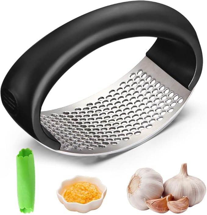 Garlic Press Rocker, 2026 New Portable Manual Stainless Steel Garlic Press Rocker Crusher Masher with Garlic Peeling Drum for Kitchen Utensils Garlic Crusher (Black 1pc)