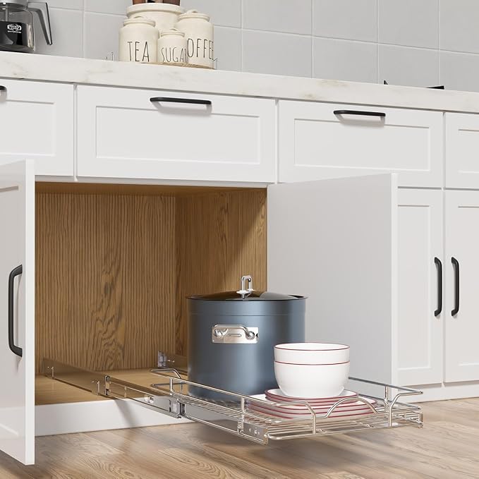 OCG Pull Out Cabinet Organizer 2 Pack (12" W x 21" D), Pull out Shelves 1 Tier, Cabinet Slide Out Shelves for Base Cabinet Organization in Kitchen Bathroom Pantry, Bottom Mount, Chrome Finish