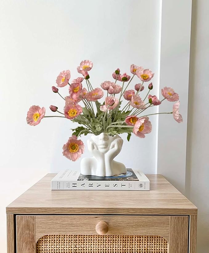 Set of 6 Poppies Flowers Artificial Silk Flowers with Long Stems Faux Wildflowers Bouquet for Vases Oil Pastel Style for Wedding Party Indoor Home Office Decor (Opal Pink)