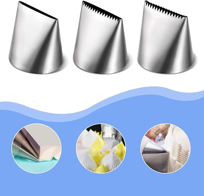 Ptwola 3 PCS Piping Tips Set Large Frosting Piping Kit Stainless Steel Cake Icing Nozzles Tips Decorating Tools Silver Pastry Bags Tips Accessories for Cookie Cupcake Baking Buttercream Supplies