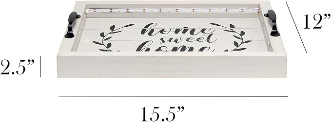 Elegant Designs HG2032-GHH Salento Farmhouse Rectangular Decorative LED Light Up Wooden Serving Tray w Metal Handles & Home Sweet Home in Black for Décor, Centerpiece, Breakfast, Bar, Gray Wash