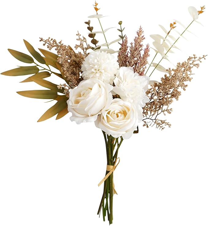 Artificial Flowers Bouquet - Faux Silk Flowers Centerpiece, Realistic Fake Flowers Plants for Home Decor Dining Table, Indoor Vase, Wedding Bouquet Arrangements (White)