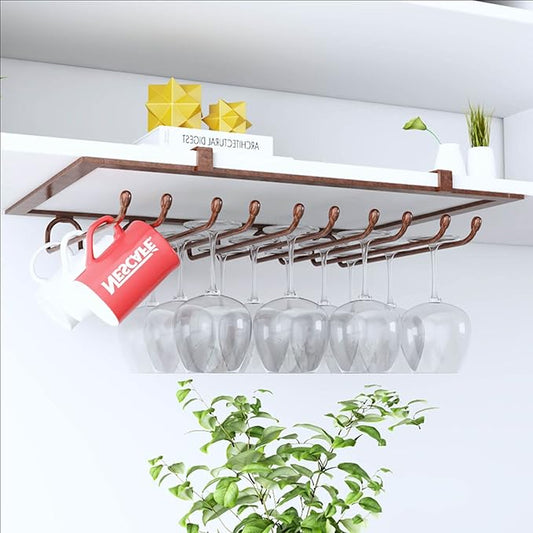 Glass Stemware Wine Rack, Hanging Wine Storage Holder for Under Cabinet Kitchen Bar Display Shelf with Glass Cup Champagne Organizer (Size : Brown)