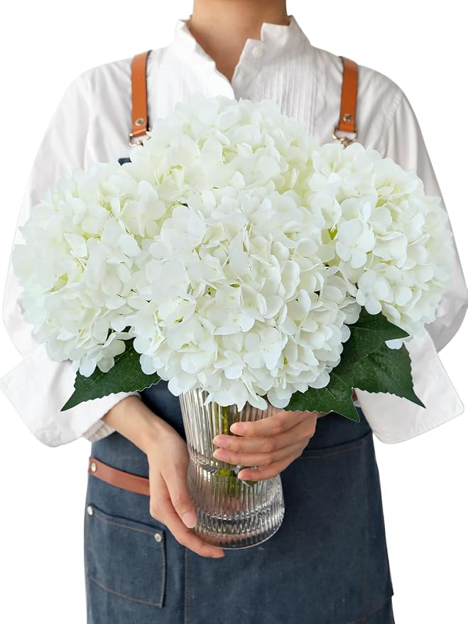 JINWOE White Hydrangea Artificial Flowers,4PCS 21" Large Silk Outdoor Artificial Hydrangeas Faux Flower, Lifelike Fake Flower with Stems Bouquets Arrangement for Home Table Centerpieces Wedding Porch