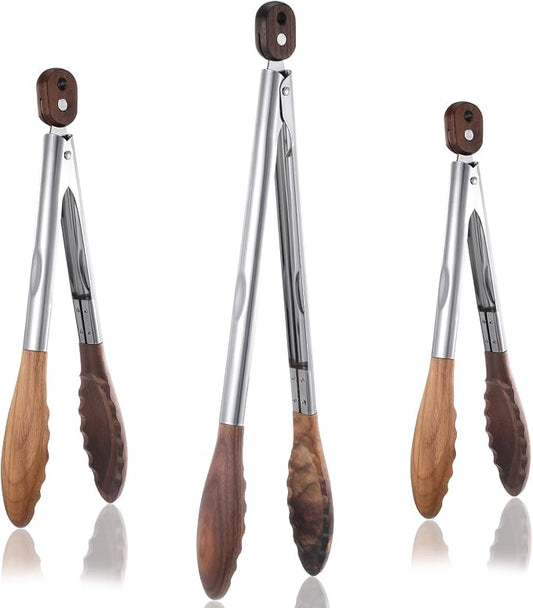 3 Pcs Wooden Tongs for Cooking, 7/9/ 12 Inch Walnut Wood kitchen Tongs Durable Salad Tong with Stainless Steel Handle for Kitchen, Serving Food, BBQ, Buffet - Pull Lock