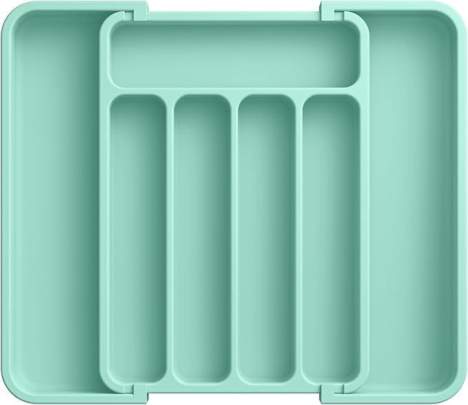 Aujen Silverware Organizer - Expandable Kitchen Drawer Organizer, Adjustable Utensil Organizer, Cutlery Tray for Forks, Knives, Multipurpose Kitchen Organizers and Storage Solution, Green, Medium