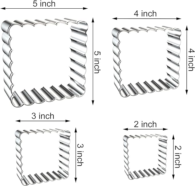 Scalloped Square Cookie Cutter Set - 5 Inch, 4 Inch, 3 Inch, 2 Inch - Fluted Edge Wavy Square Plaque Cookie Cutters Shapes Biscuit Molds - Stainless Steel