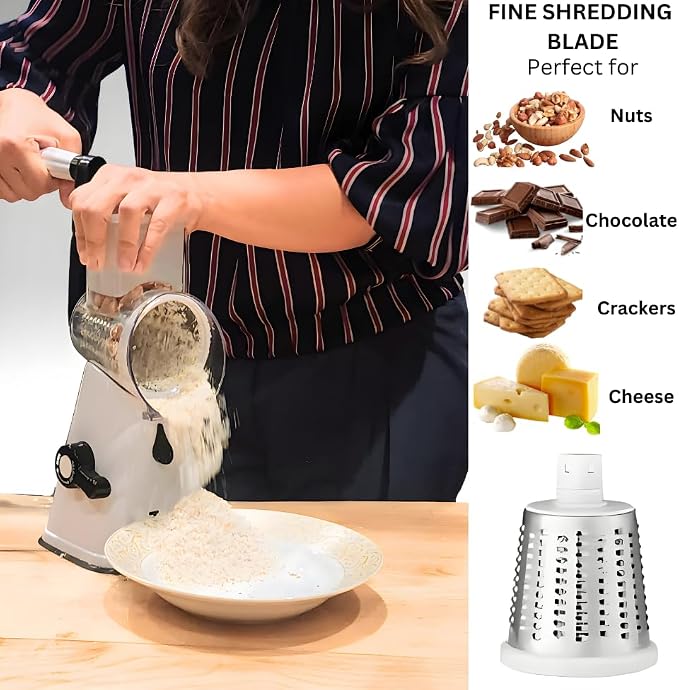 Rotary Cheese Grater - Multipurpose Kitchen Mandoline Slicer with 3 Stainless Steel Blades, Secure Suction Base, Easy to Clean, Ideal for Cheese, Vegetables, Nuts