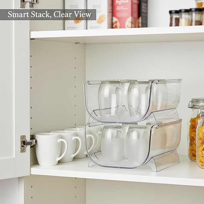 Clear Stackable Cup Organizer Bin, Vertical Storage Container for Kitchen Cabinets & Pantry, Durable PP Plastic