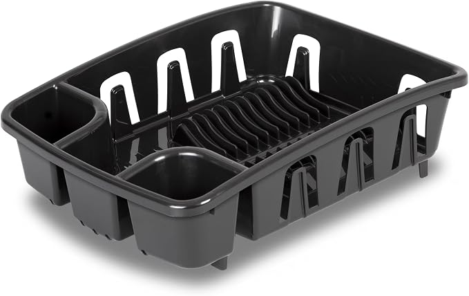 Dish Drying Rack with Drainboard Set, All-in-1 Kitchen Dishrack with Inclined Base for Quick Water Drainage, Black Plastic Dish Drainer
