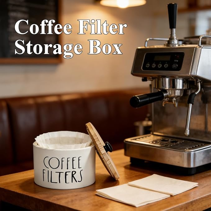1 Pack White Coffee Filter Holder with Bamboo Lid - Large Capacity Metal Coffee Filter Dispenser Pod Organizer Basket, Bar Counter Decor Accessory